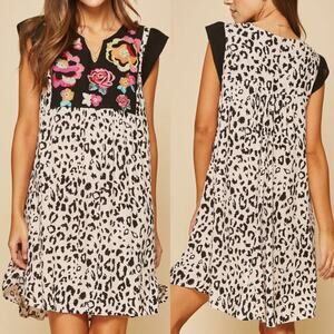 Savanna Jane Cheetah Print Flower Embroidered Mini Bohemian Tunic Shift Dress